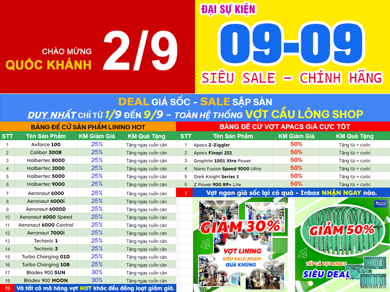 Deal giá sốc - Sale sập sàn vợt cầu lông Lining và Apacs